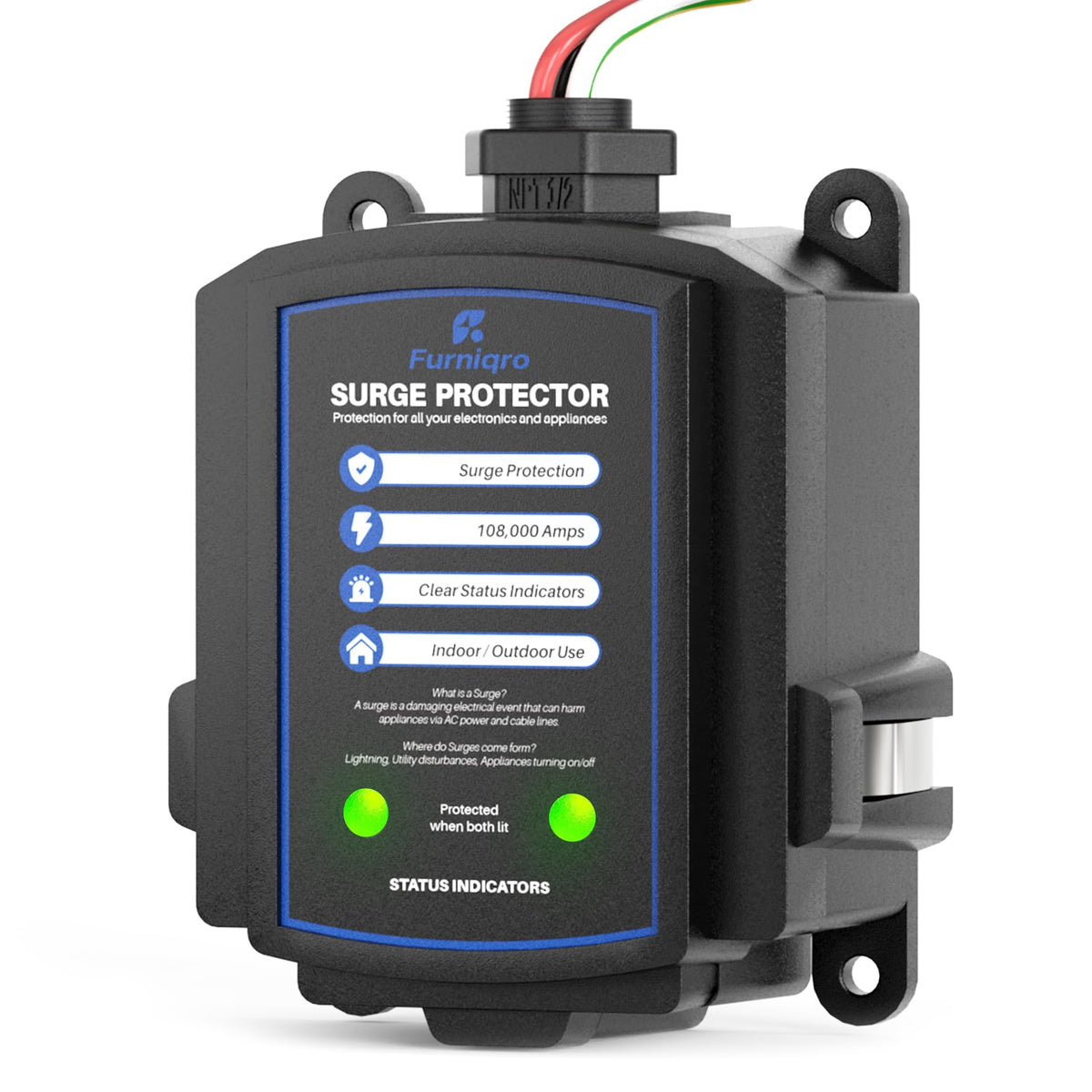 Furniqro FHSPD108S whole-house surge protector installed in panel, guarding home electronics.