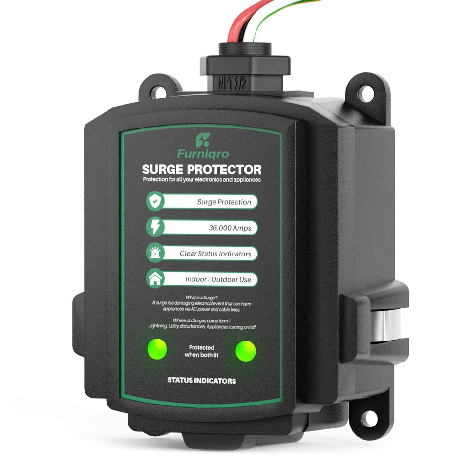 Furniqro front panel view showing compact whole-home surge protector and clear installation fit