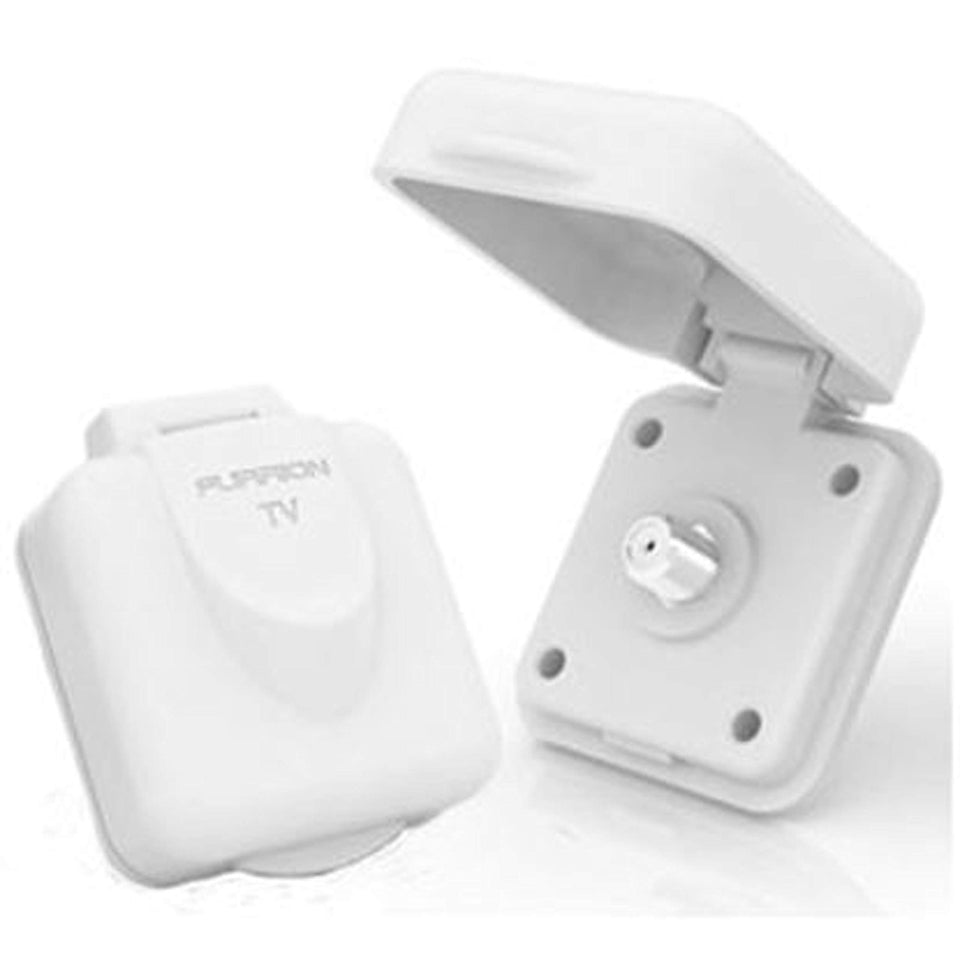 Furrion Mini TV/SAT inlet with F-Type connector for quick coaxial connections on RVs.