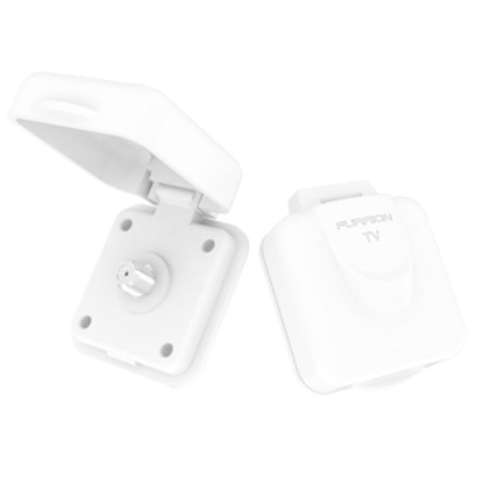 Furrion mini TV/SAT inlet with flip-up door for easy outdoor access.