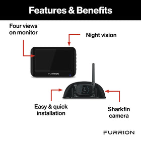 Furrion rear camera sharkfin provides reliable wireless viewing for safer parking.