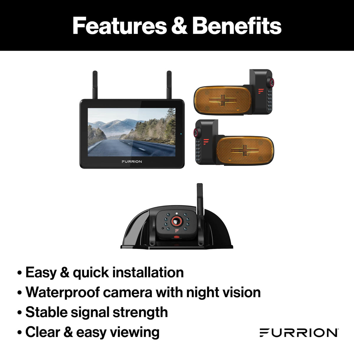 Furrion Vision S+ sharkfin camera with infrared night vision for low-light visibility.