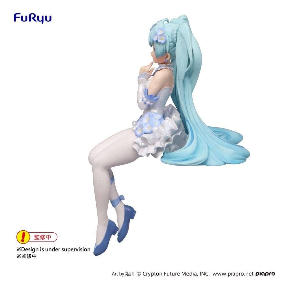 Furyu Hatsune Miku perched on instant noodle cup lid showing practical lid-holding use