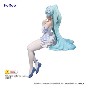 Furyu Hatsune Miku perched on instant noodle cup lid showing practical lid-holding use