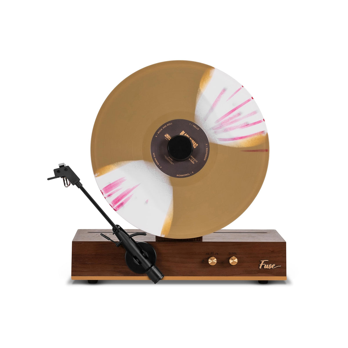 Fuse GLD vertical vinyl player in gold trim enhances mid-century living spaces