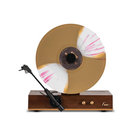Fuse GLD vertical vinyl player in gold trim enhances mid-century living spaces