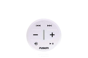 Fusion MS-ARX70W remote front view shows ergonomic white design for comfortable control.