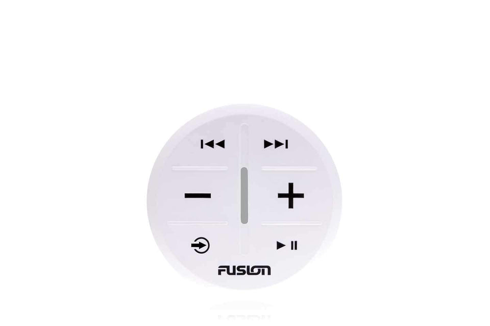 Fusion MS-ARX70W remote front view shows ergonomic white design for comfortable control.