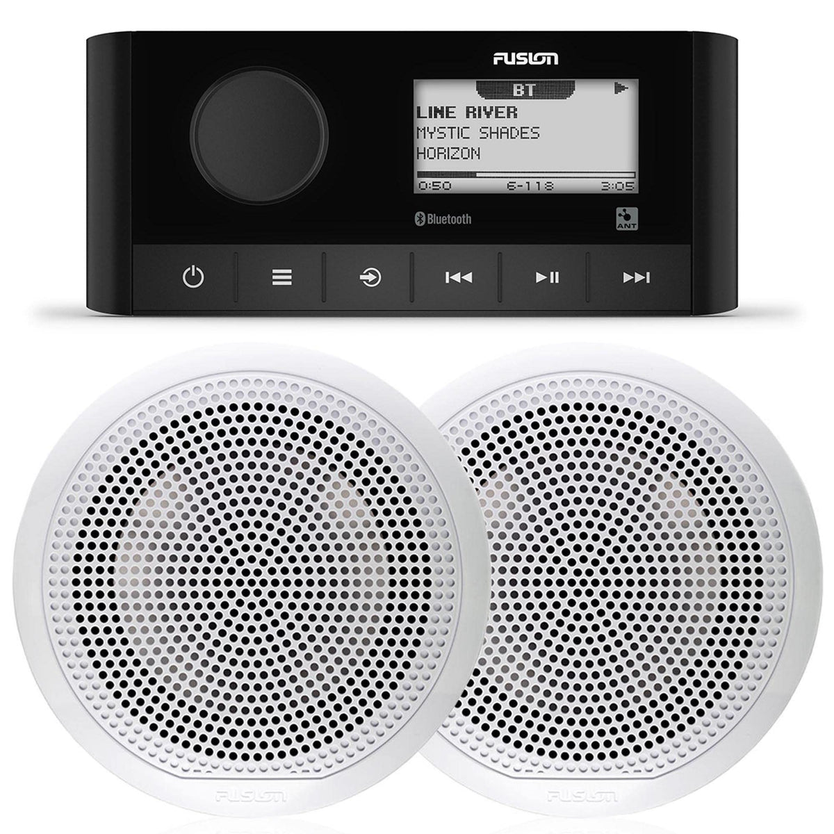 Fusion MS-RA60 marine stereo front view with clean controls and premium finish.