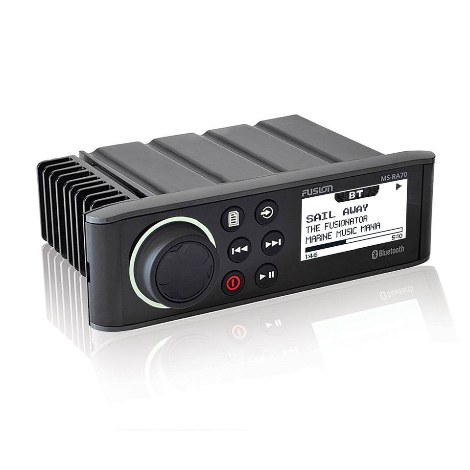 Fusion MS-RA70 front panel mounted on a boat dash with clear control and rugged styling.