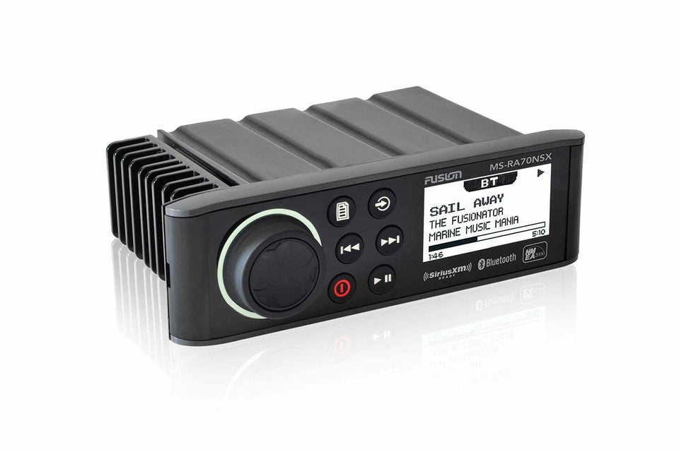 Fusion MS-RA70NSX front panel for water-resistant marine audio.