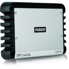Fusion Signature Series marine amplifier angled view highlights rugged chassis for marine use.