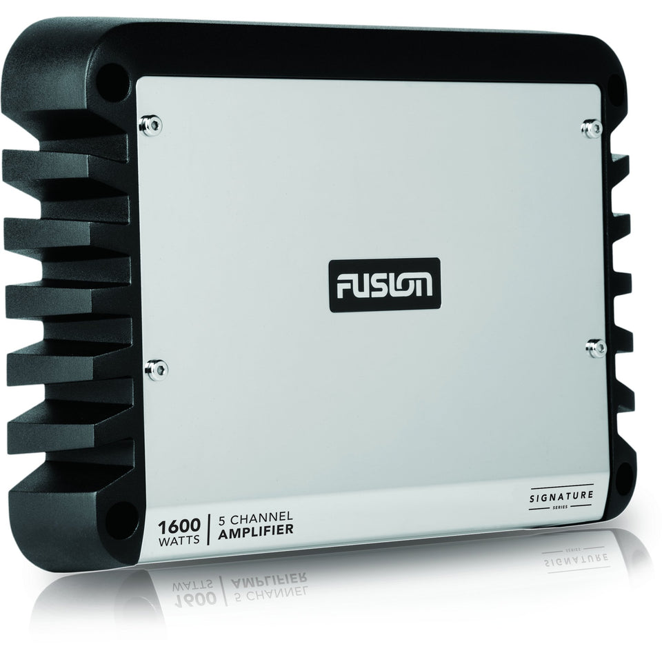Fusion Signature Series marine amplifier angled view highlights rugged chassis for marine use.