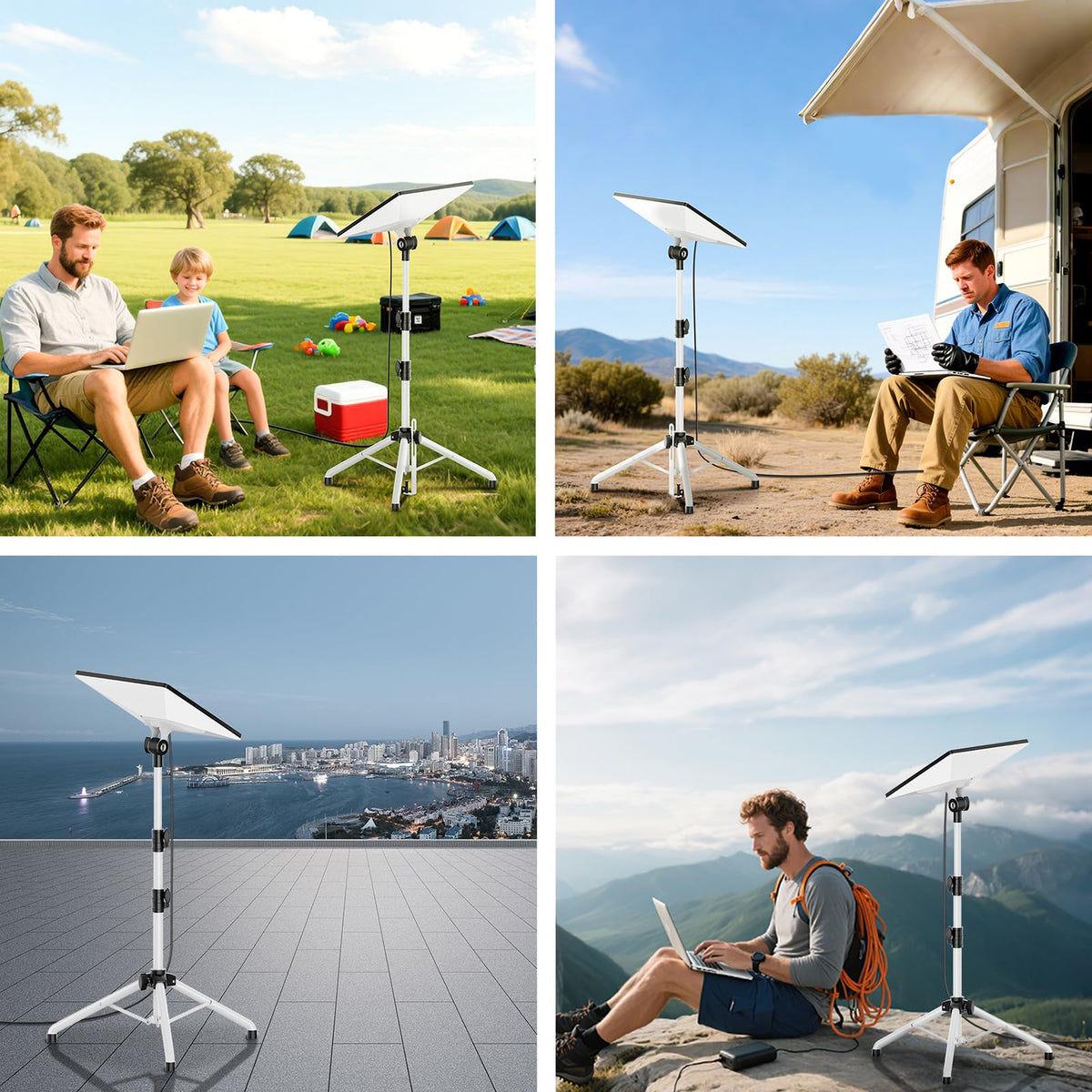 futrue-wolker at an RV campsite lifestyle shot showing portable internet setup benefit