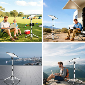 futrue-wolker at an RV campsite lifestyle shot showing portable internet setup benefit
