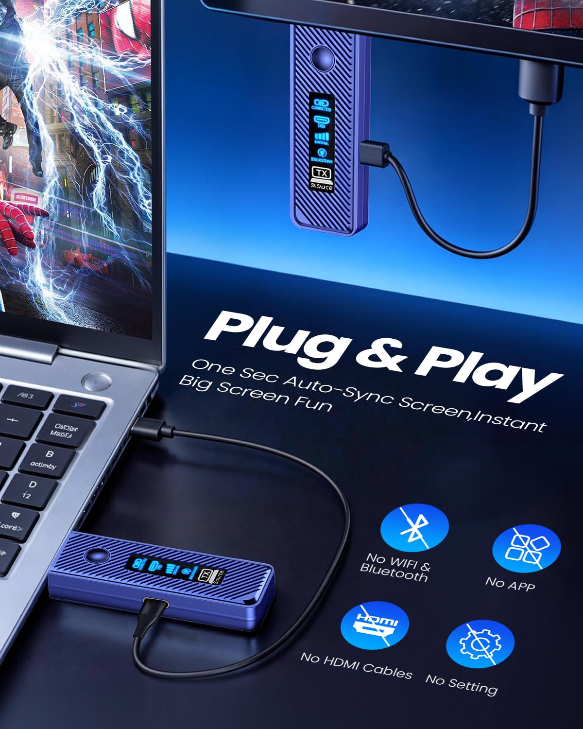 FUTUREAGLE transmitter plugged into laptop demonstrating fast wireless HDMI streaming