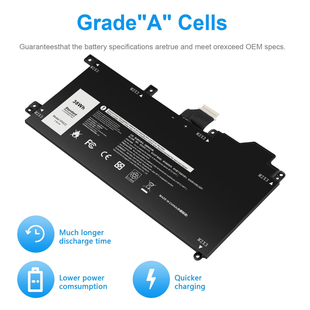 Futurebatt 1FKCC packaging and label showing model, specs, and warranty for buyer confidence