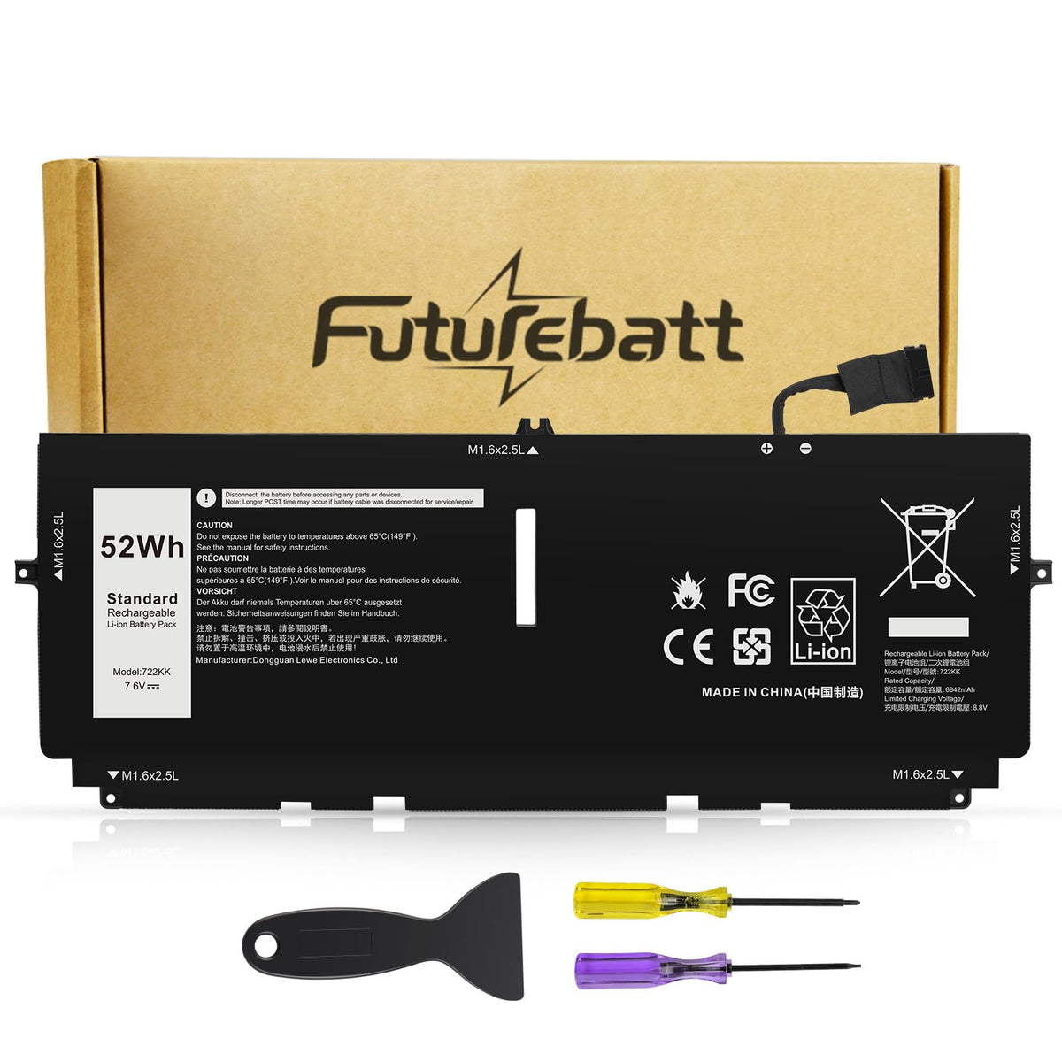 Futurebatt front view showing battery shape and model for easy identification