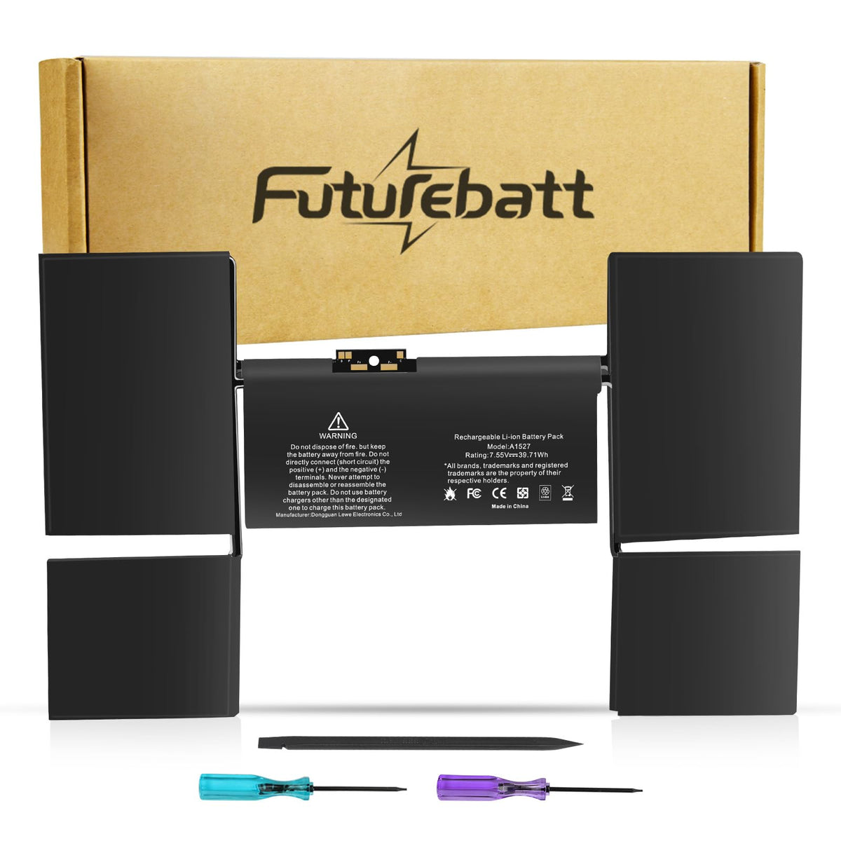 Futurebatt A1527 front view showing battery shape and fit benefit