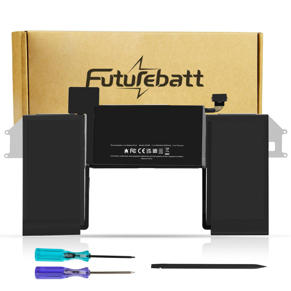 Futurebatt front view of A2337 battery showing form fit and reliable replacement