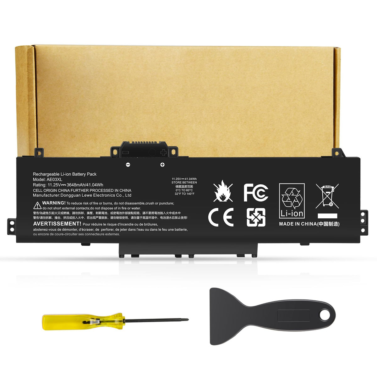 Futurebatt AE03XL front view showing battery shape and model label for correct replacement