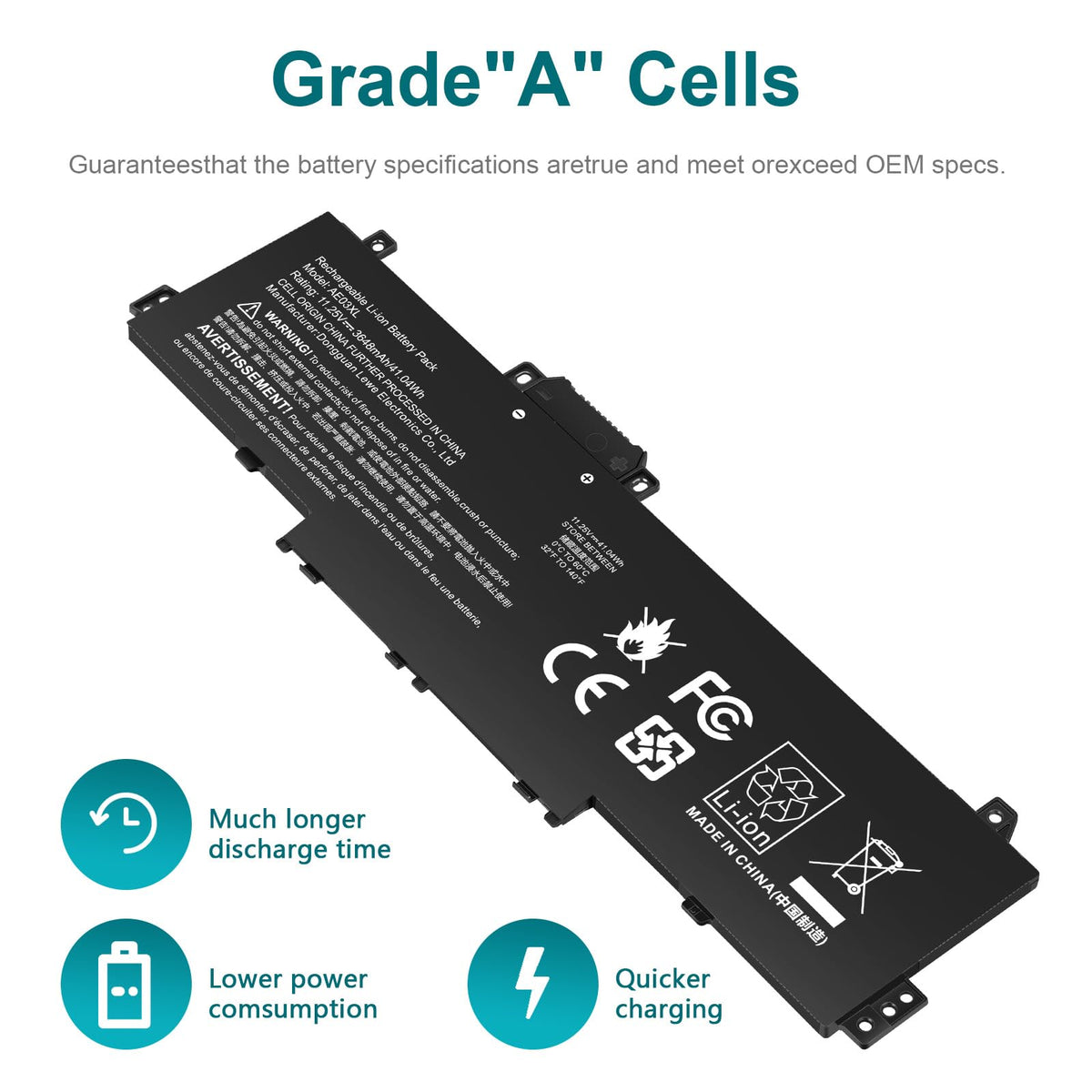 Futurebatt AE03XL installed in HP laptop bay showing snug fit and restored power