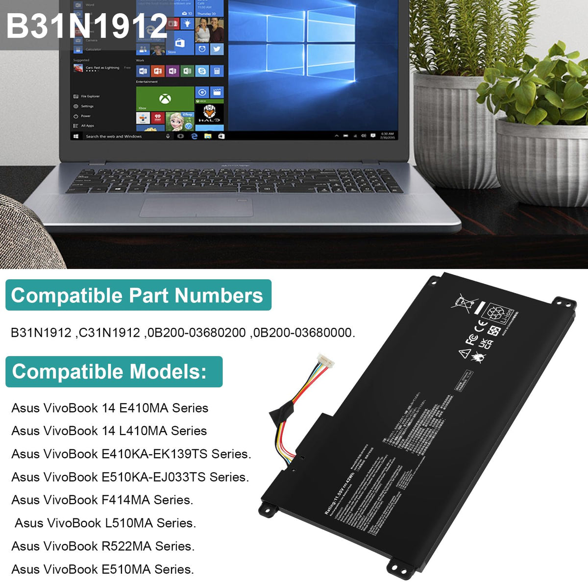 Futurebatt B31N1912 42Wh capacity for longer unplugged use