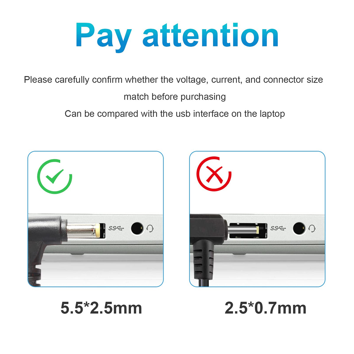 Futurebatt 5.5x2.5mm barrel connector close-up proving correct fit and stable contact