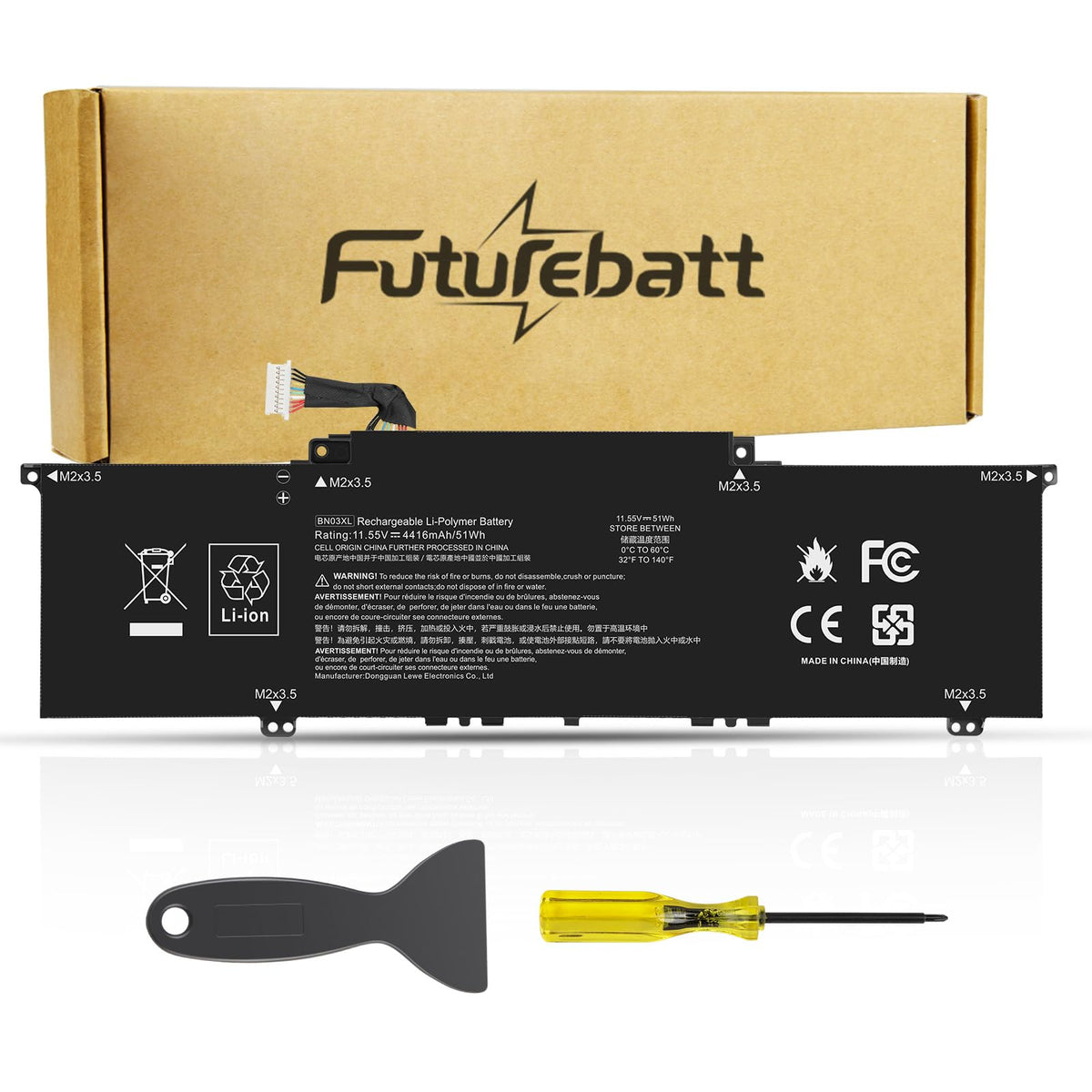 Futurebatt BN03XL front view showing battery shape and fit benefit