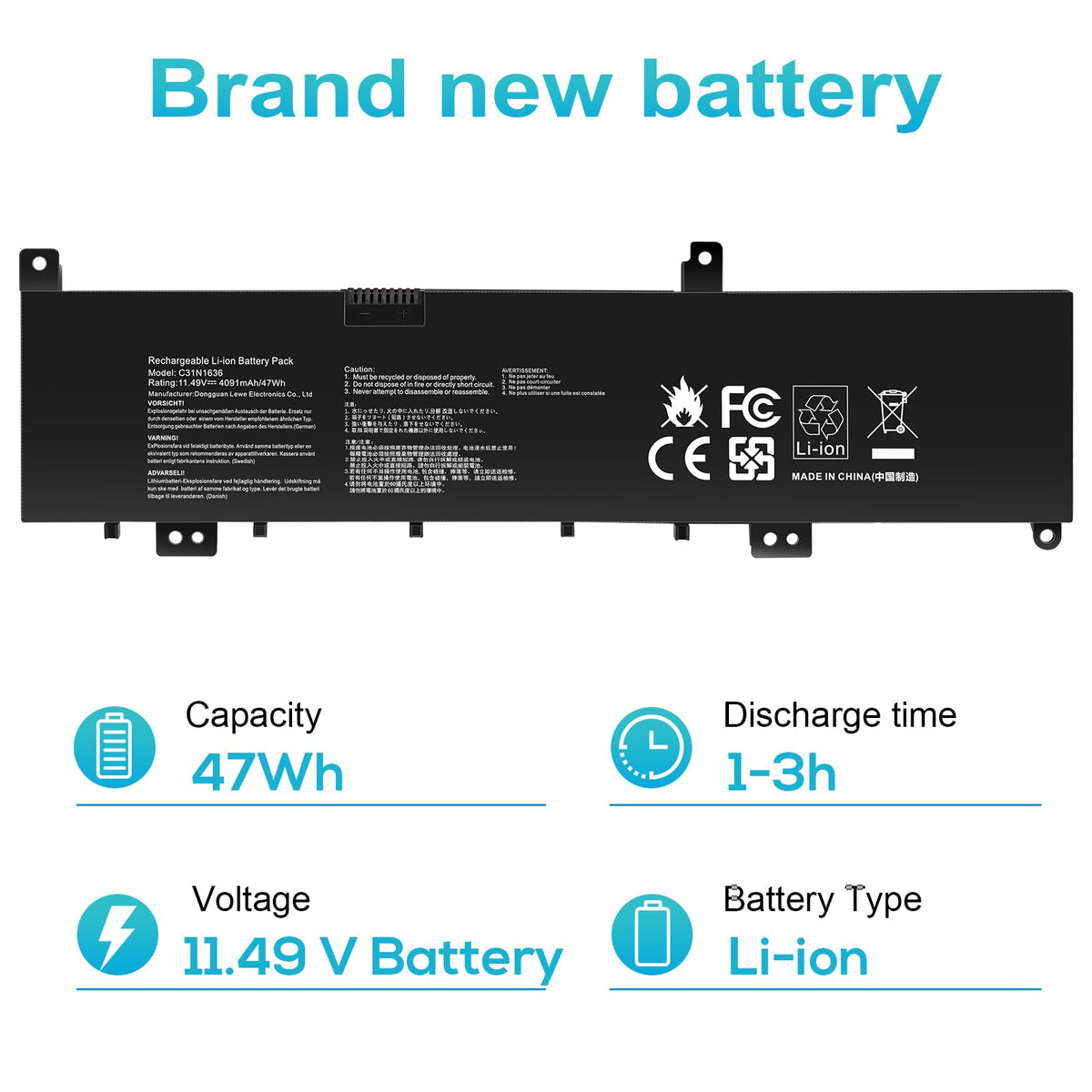 Futurebatt close-up of label with voltage and part numbers for accurate compatibility verification