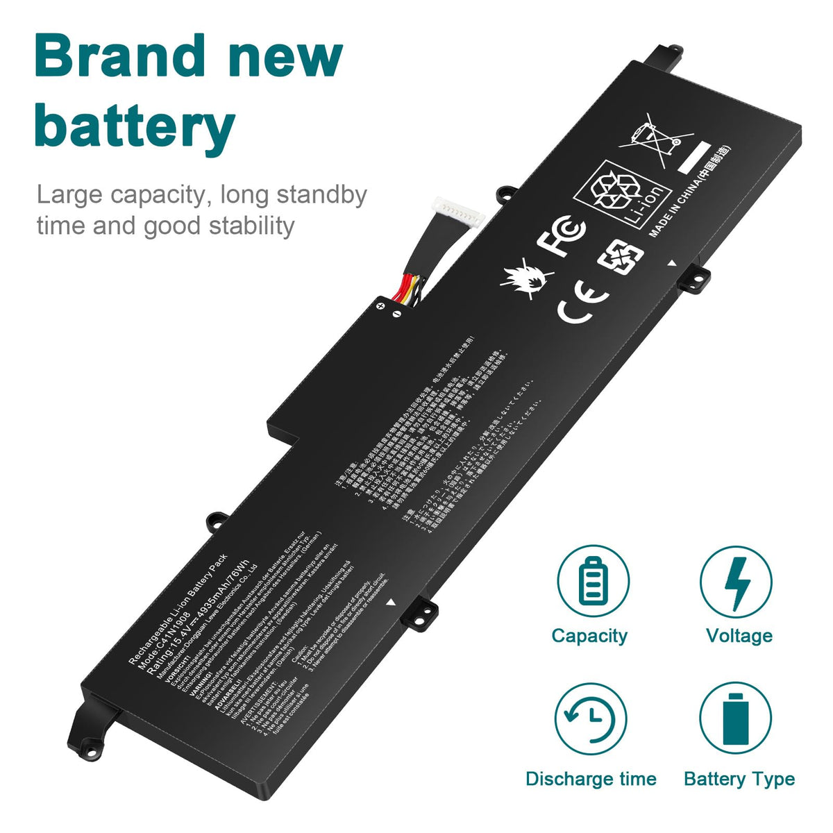Futurebatt battery next to ruler illustrating compact size and fit
