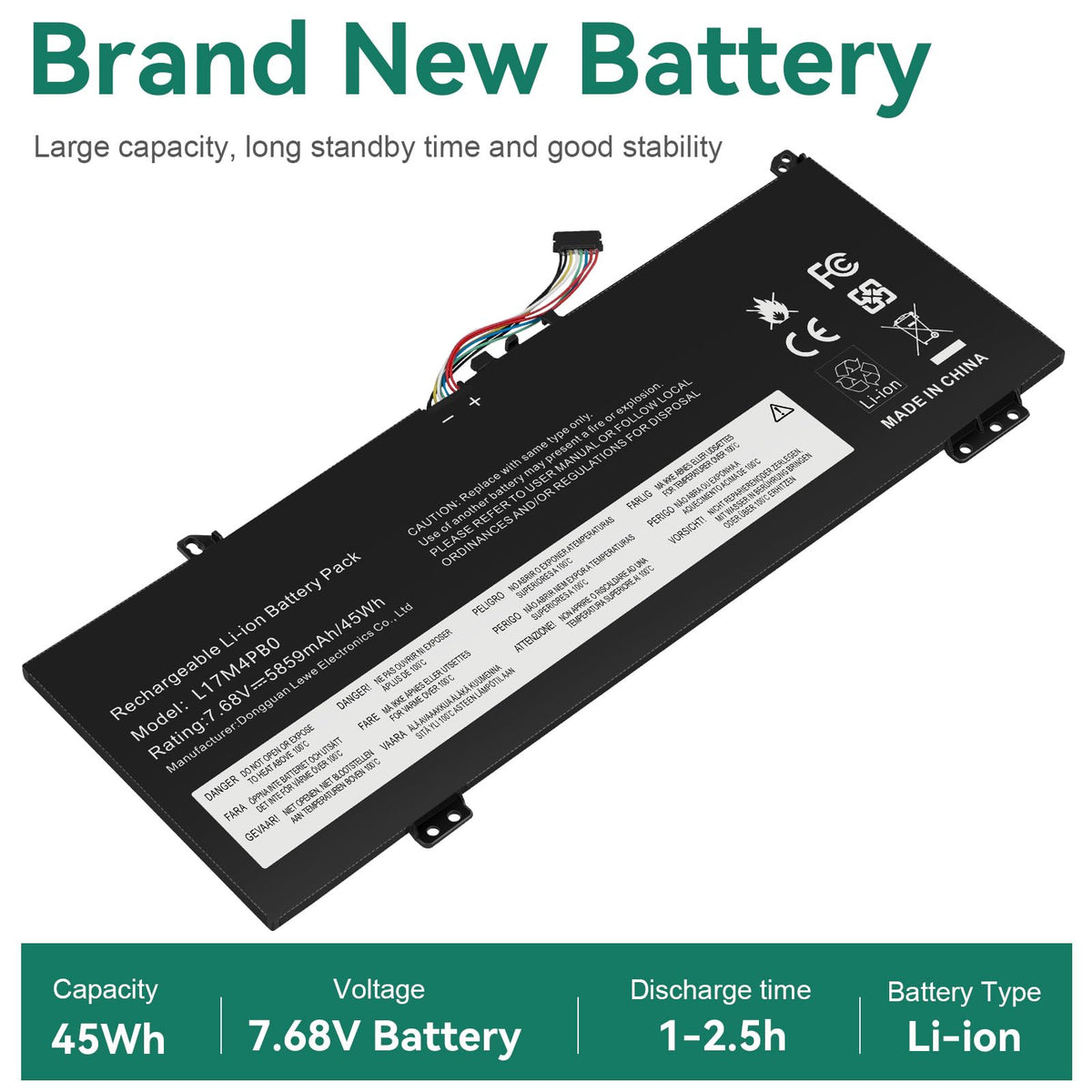 Futurebatt capacity sticker showing 45Wh and 7.68V for verified power specifications