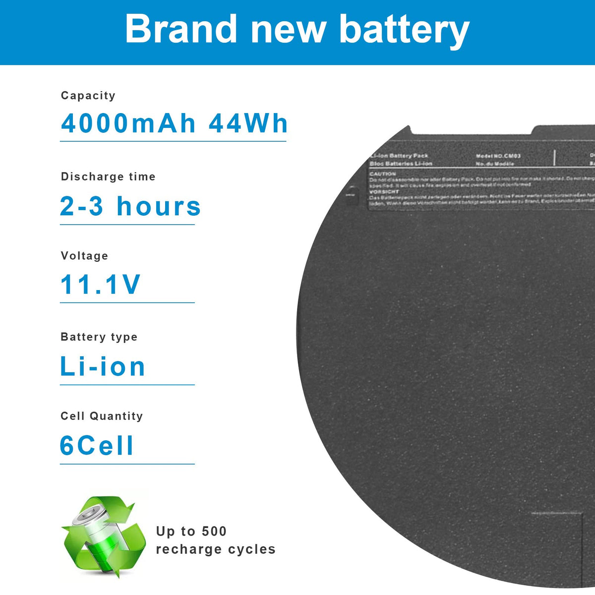 Futurebatt CM03XL battery label detail with clear branding and model numbers