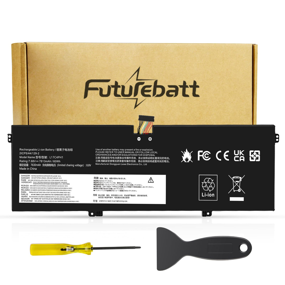 Futurebatt front view of replacement battery showing clean label and fit benefit