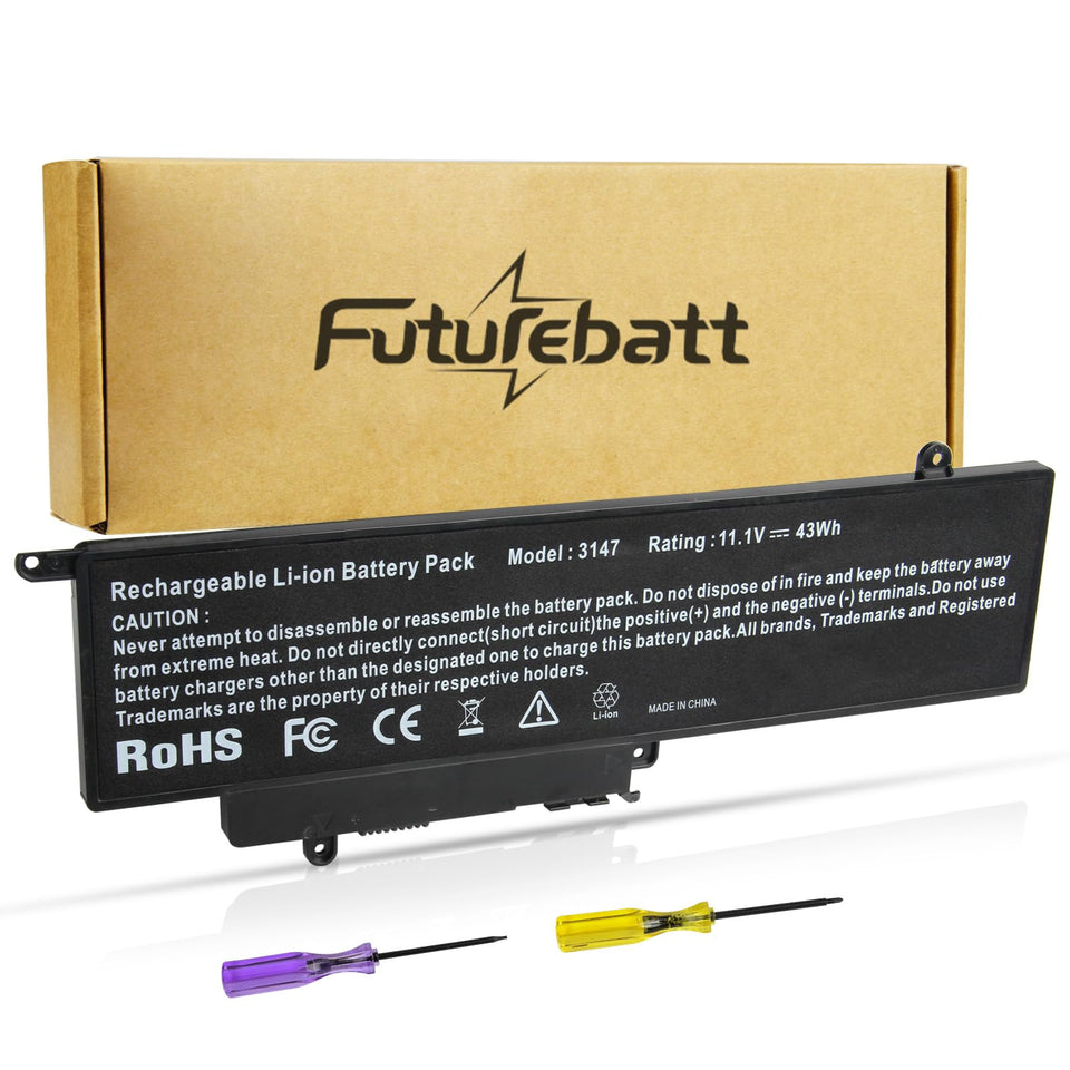 Futurebatt GK5KY battery packaging shows 43Wh capacity for Dell Inspiron upgrades.