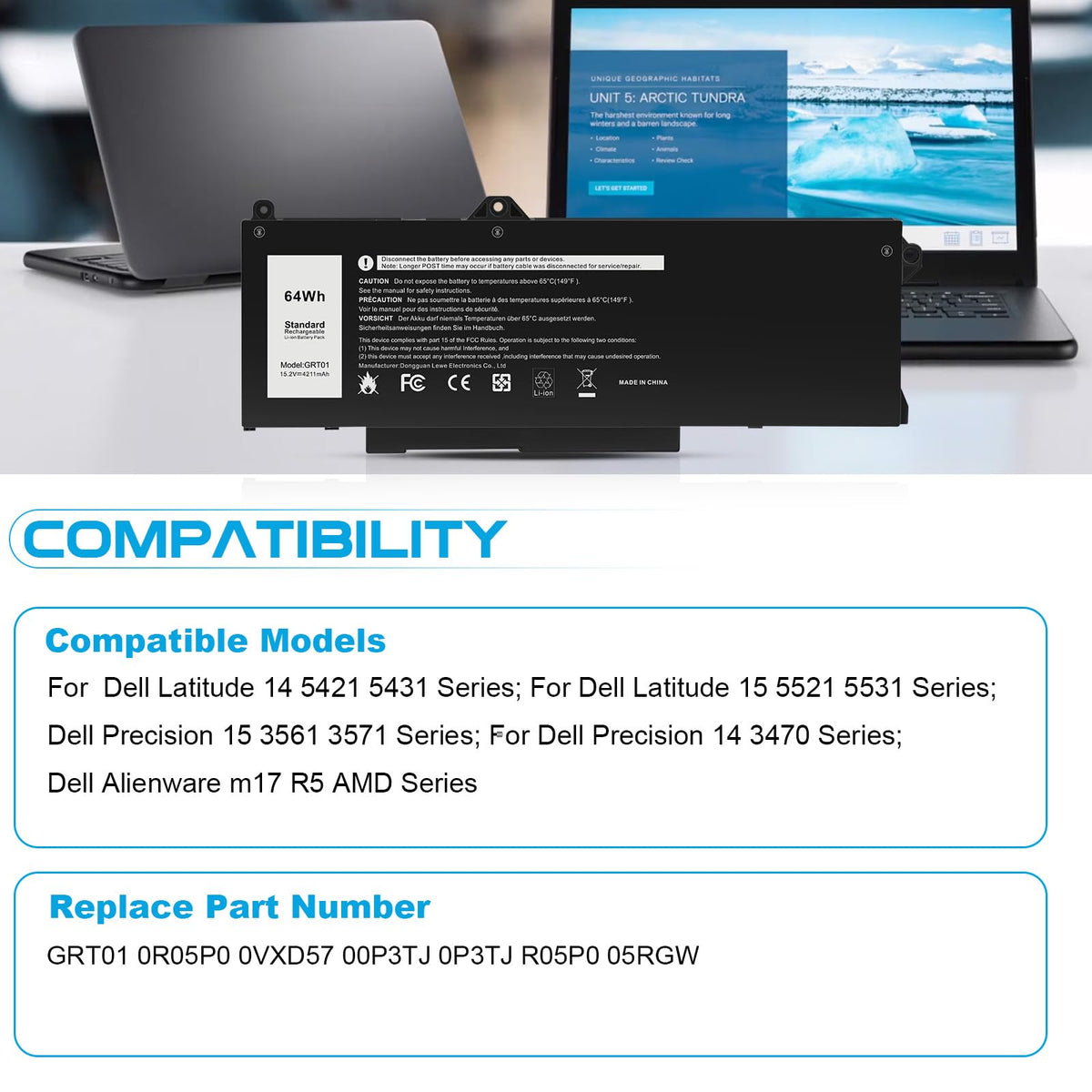 Futurebatt GRT01 battery compatibility table image guides Dell and Alienware users.
