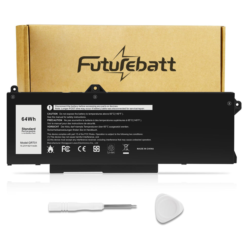 Futurebatt GRT01 battery front view shows compact, reliable power for Dell Latitude laptops.