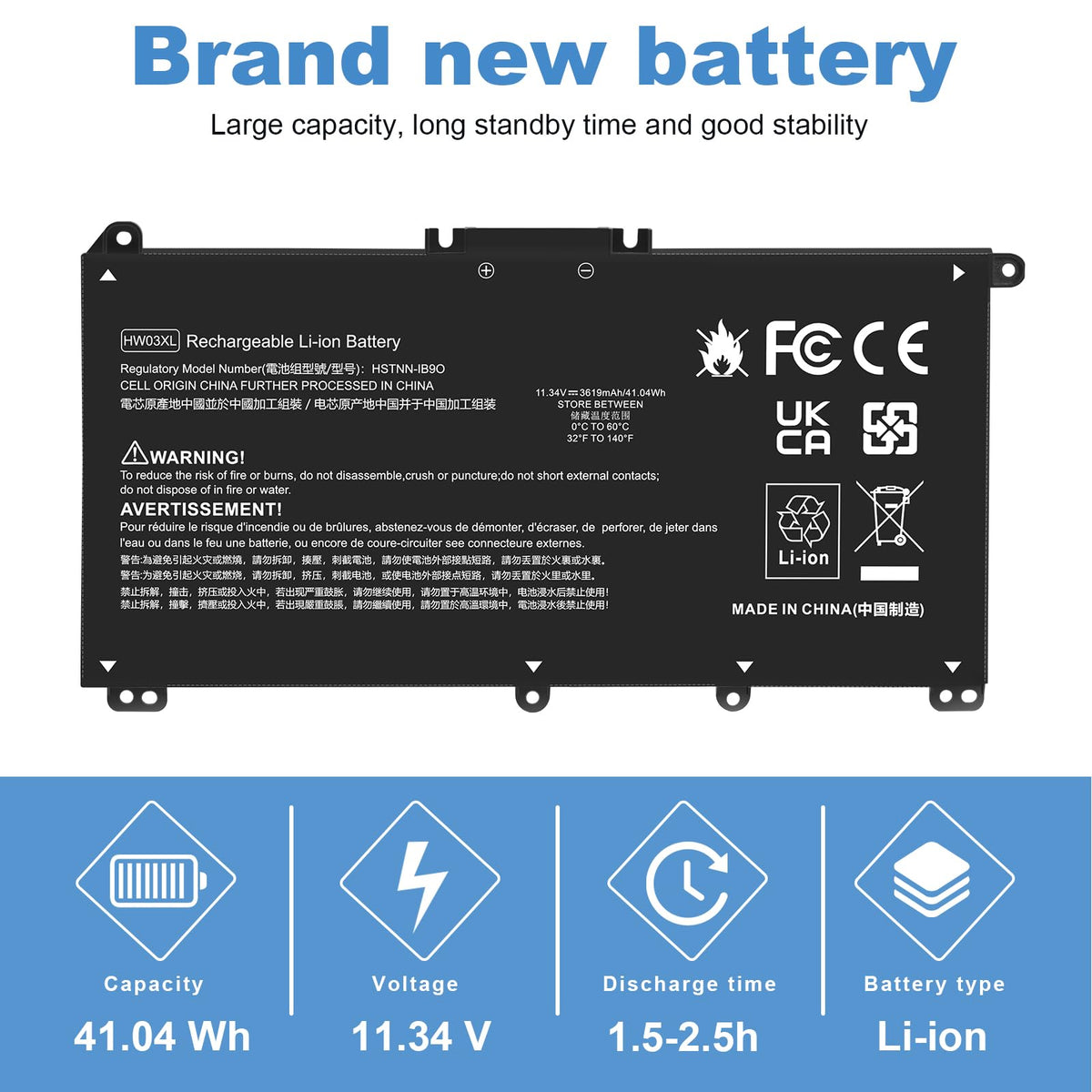 Futurebatt HW03XL spec sheet graphic summarizing 11.34V 3440mAh capacity and safety certifications