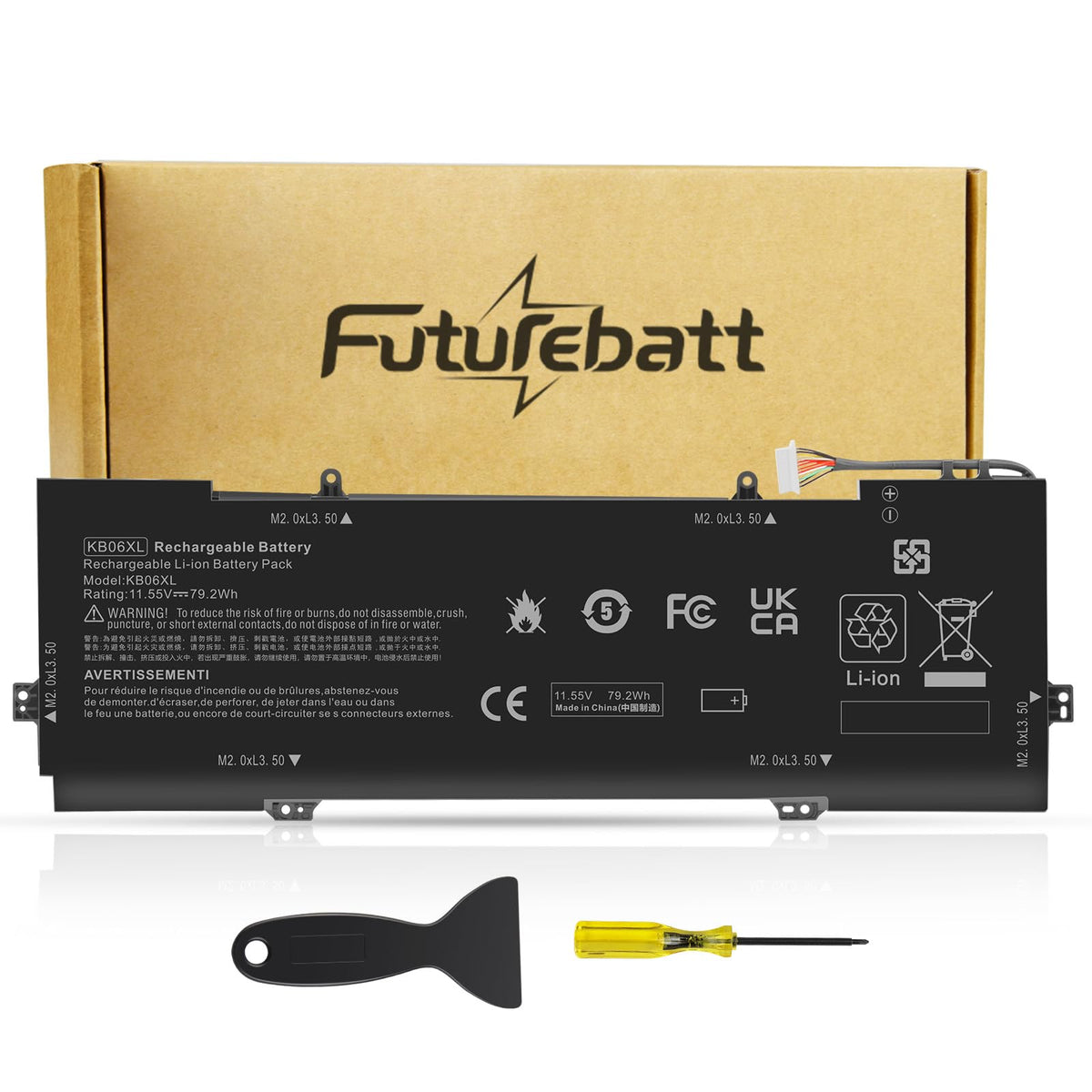 Futurebatt KB06XL front view showing battery pack and model label, reassuring compatibility