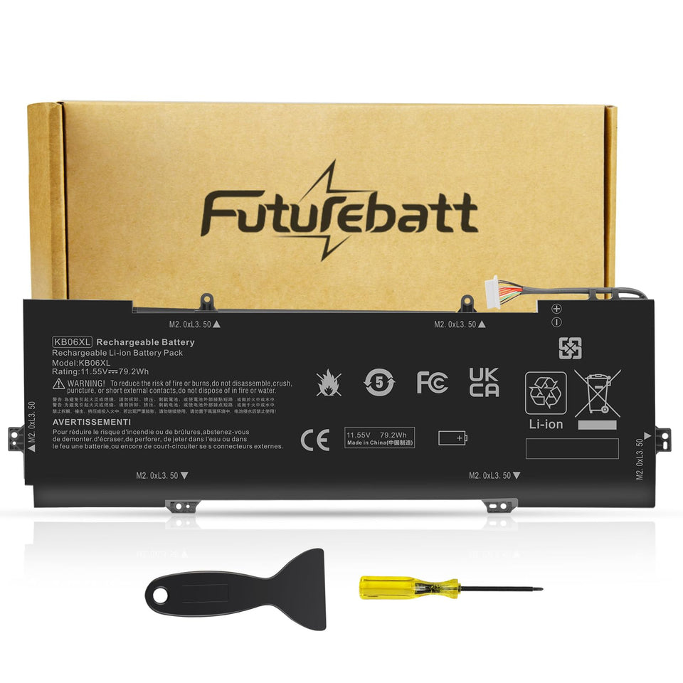 Futurebatt KB06XL front view showing battery pack and model label, reassuring compatibility