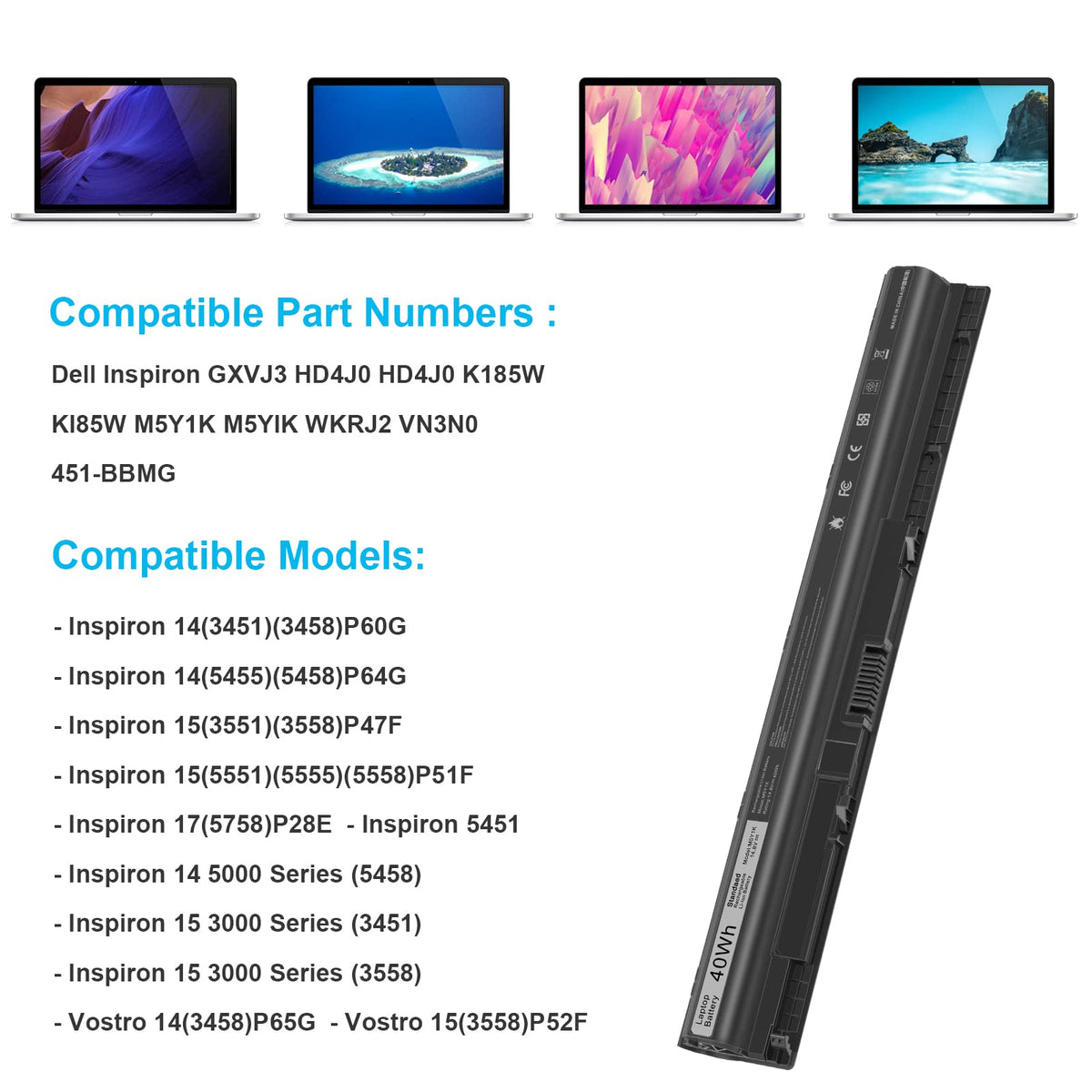 Futurebatt M5Y1K battery side-by-side compatibility confirms broad Dell fit.