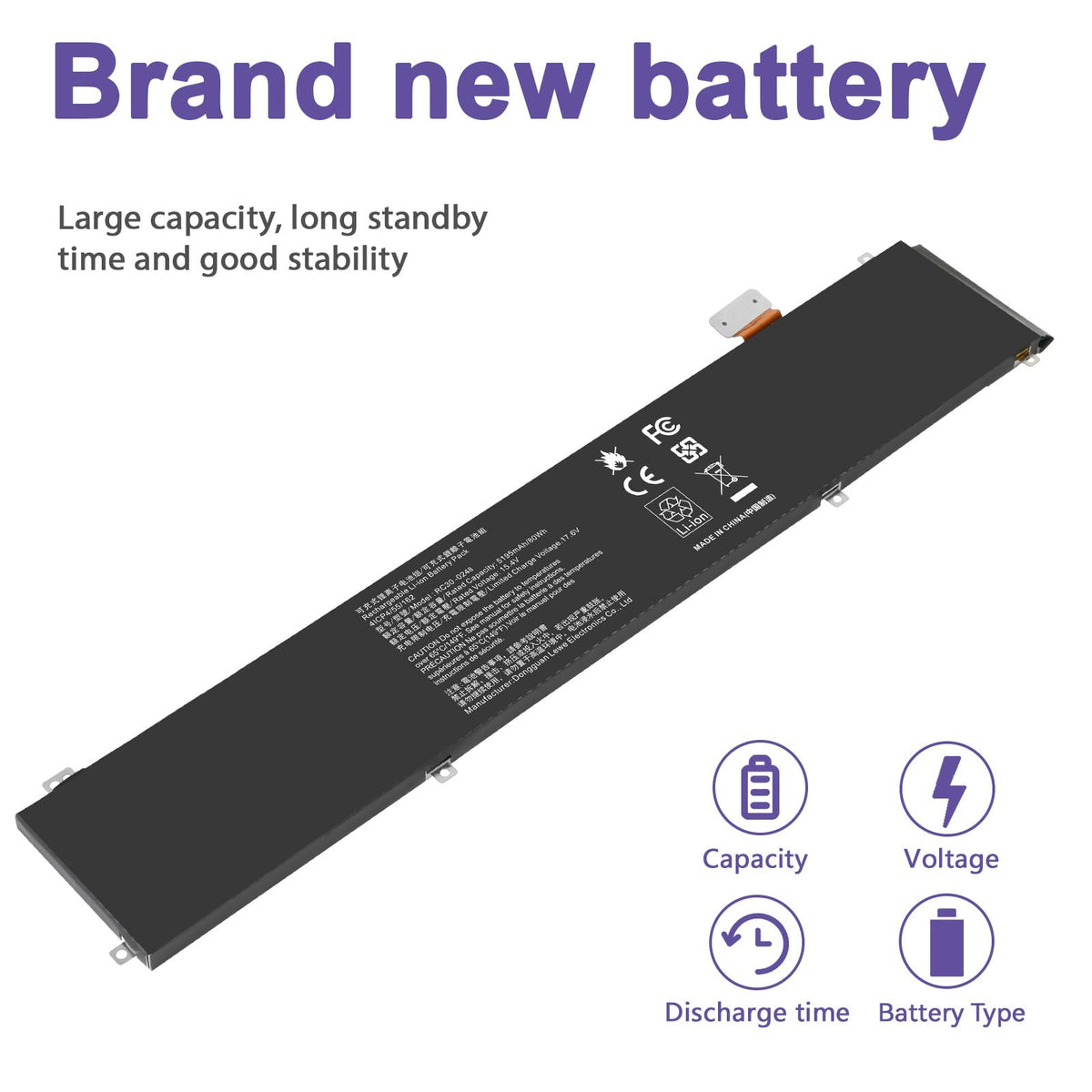 Futurebatt RC30-0248 80Wh battery label highlighting long-lasting power