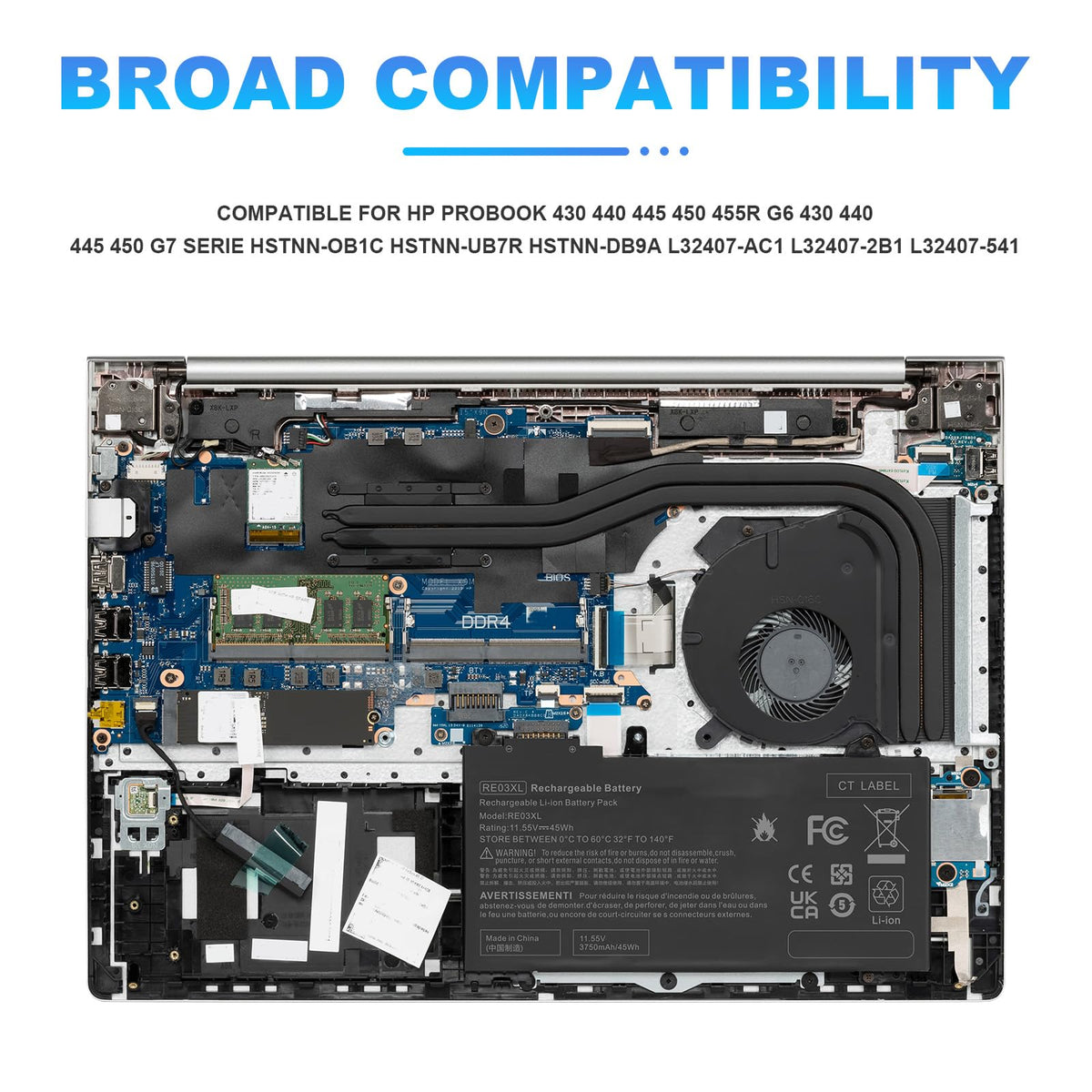 Futurebatt RE03XL battery assembly with cells, reliable HP ProBook upgrade.