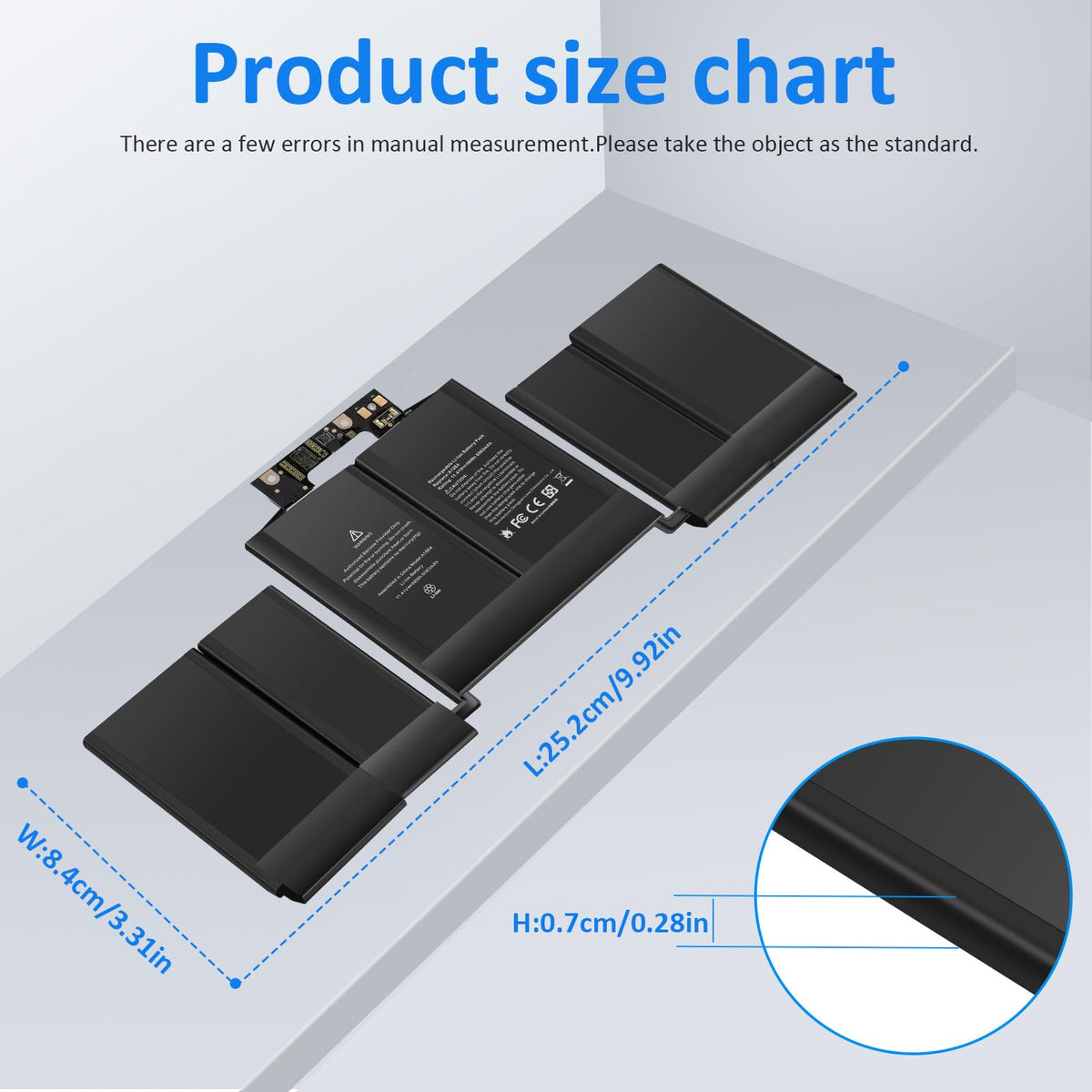 Futurebatt size scale next to ruler proving correct dimensions for fit benefit