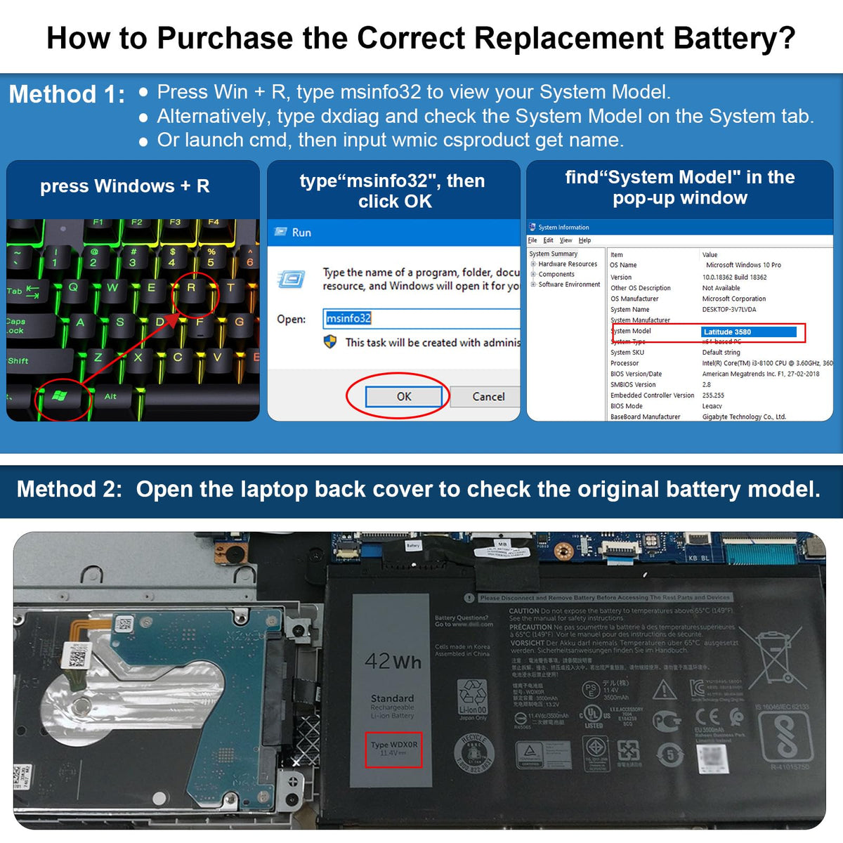 Futurebatt WDXOR battery compatibility list, highlighting broad Dell coverage.