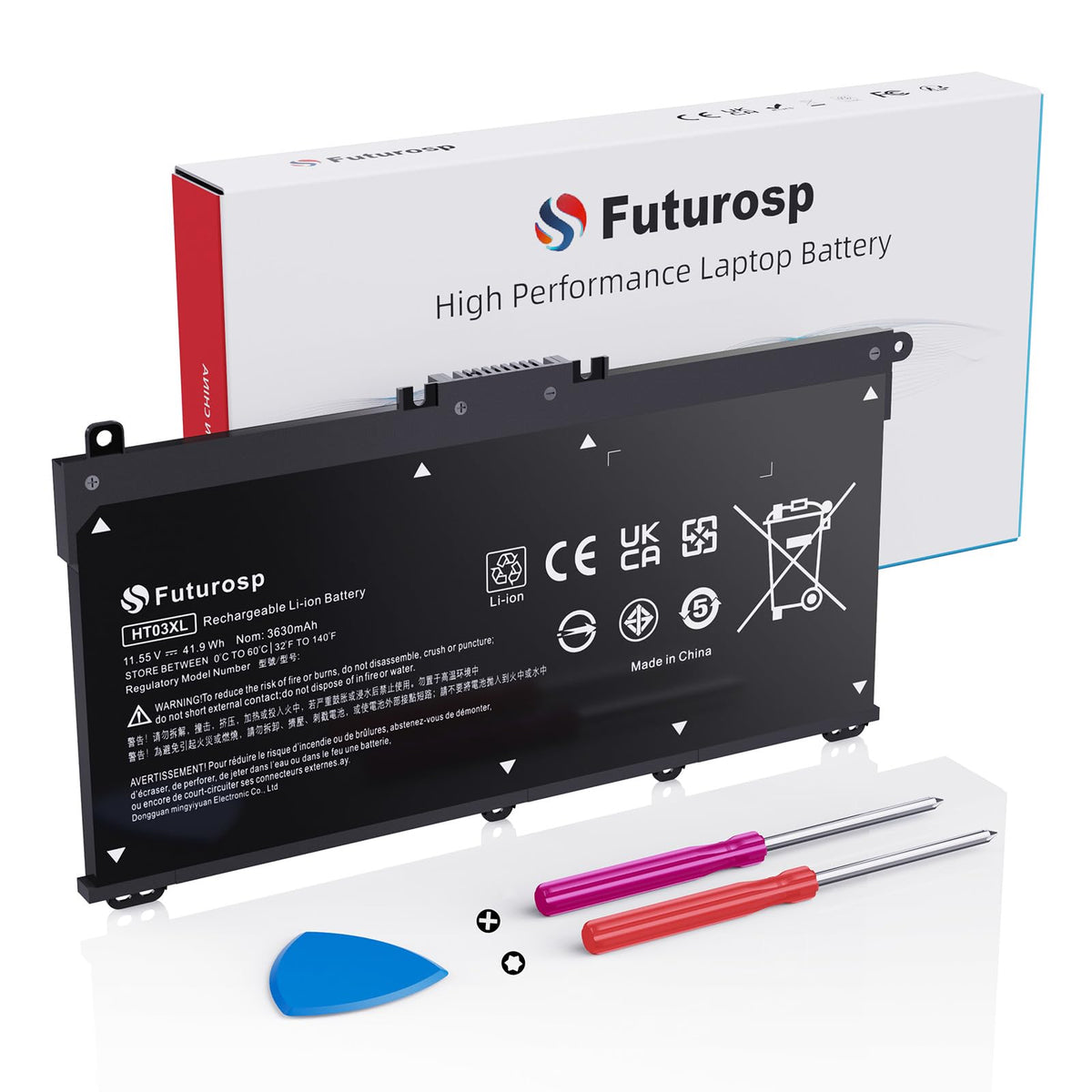 FUTUROSP HT03XL battery front view for reliable HP Pavilion replacement.