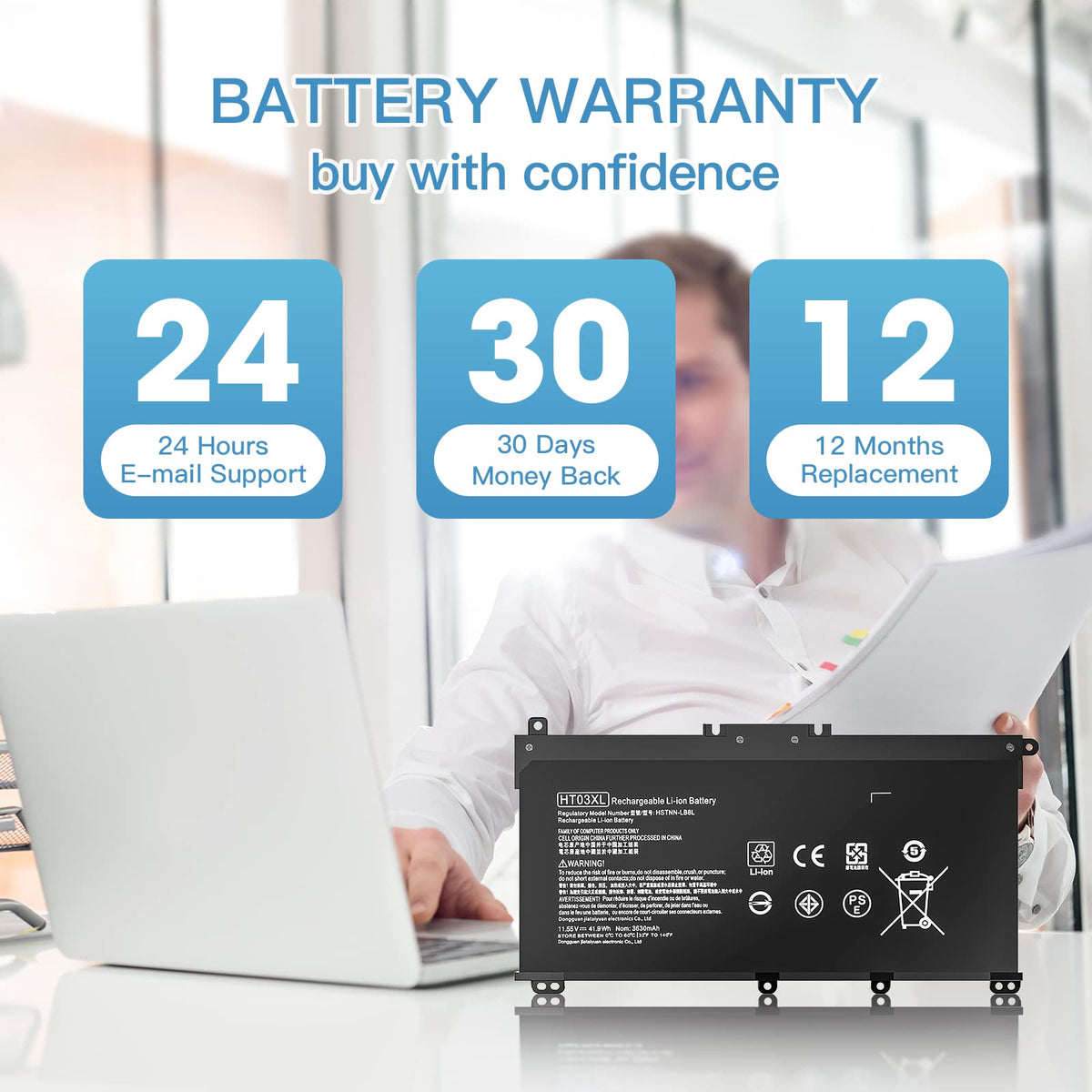 FUTUROSP HT03XL battery in laptop demonstrates extended portable use.