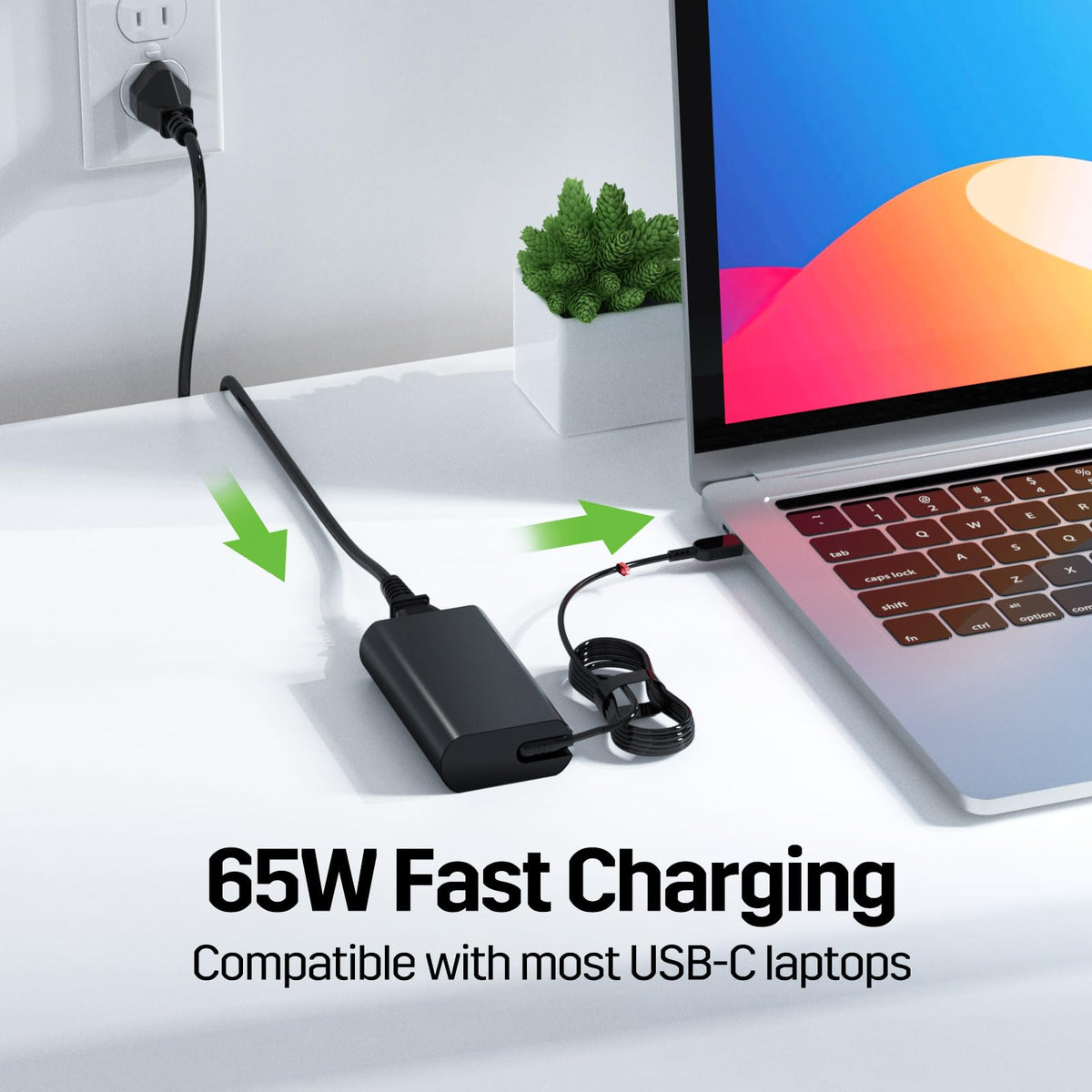 FUTUROSP 65W USB-C charger back view showing compact, travel-ready design.