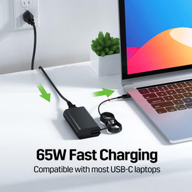 FUTUROSP 65W USB-C charger back view showing compact, travel-ready design.