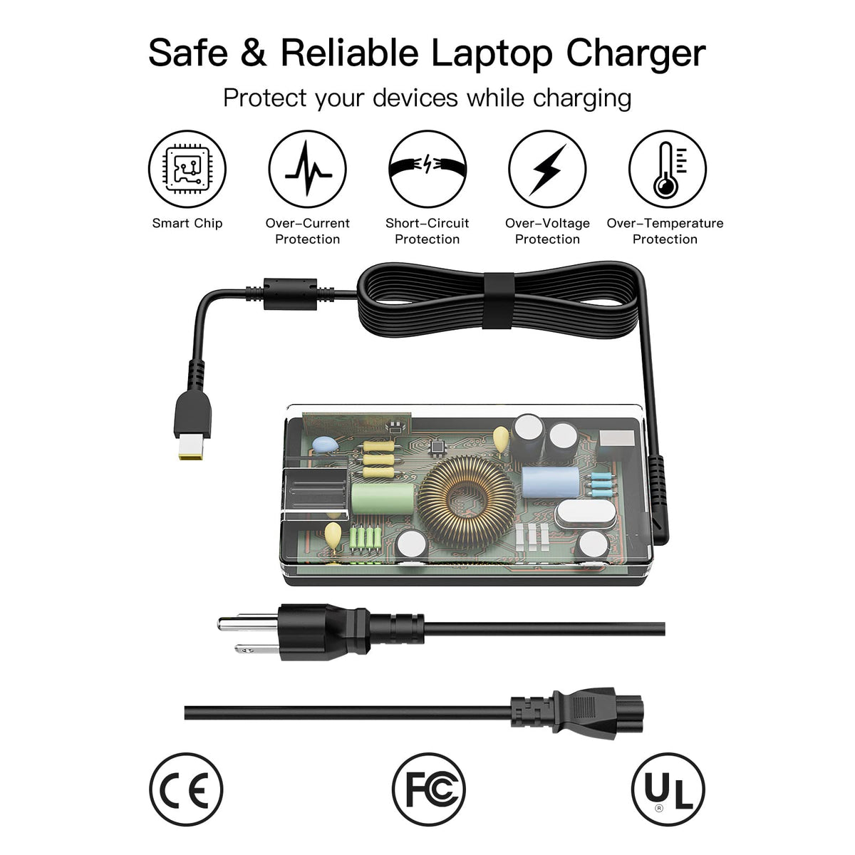 FUTUROSP power cable and AC plug displayed to show scale and travel-friendly size